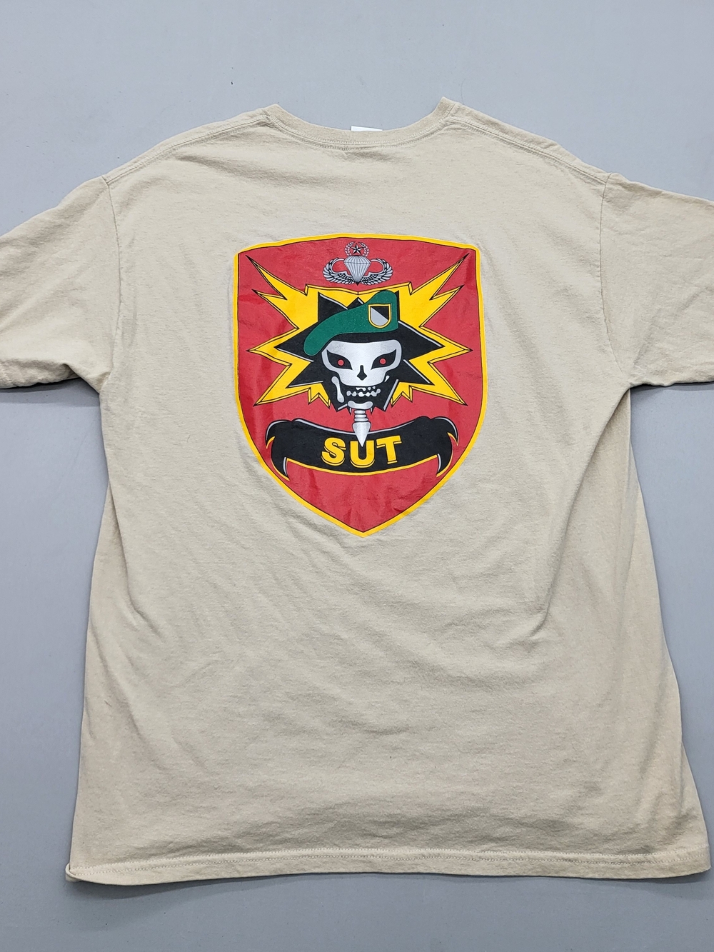 Men's Beige Short-Sleeve Graphic Tee with Military Crest